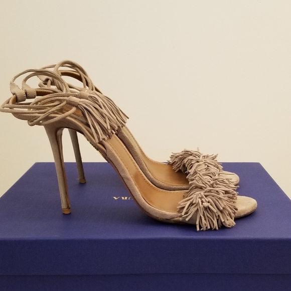 AQUAZZURA Wild Thing Nude Taupe Sandals Heels 37.5 - Picture 3 of 10